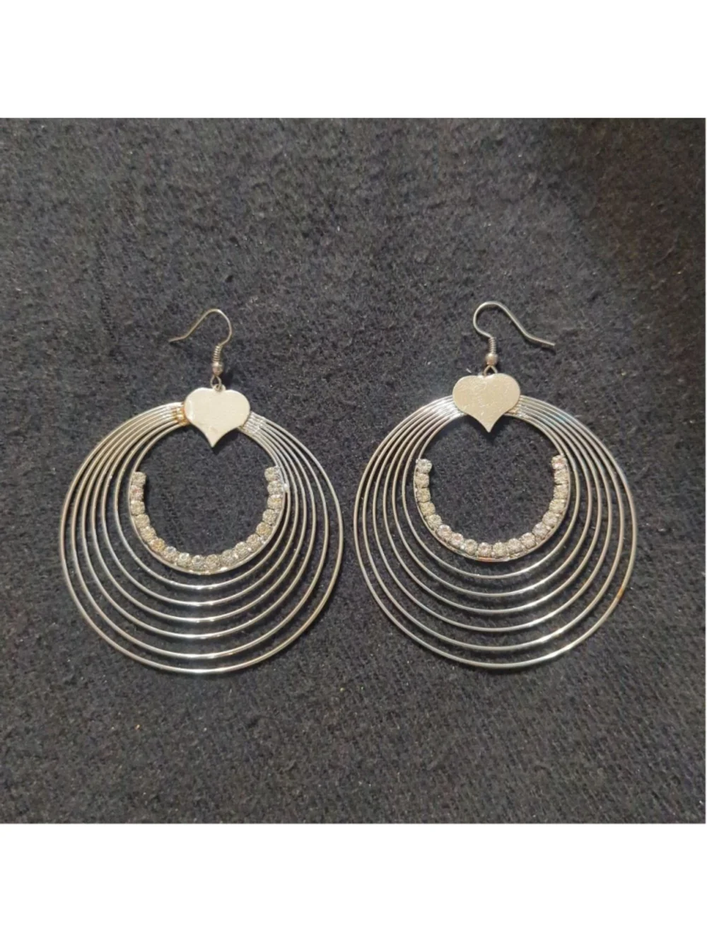 Silver Tone Clear Rhinestone Heart Hoop Dangle Statement Earrings